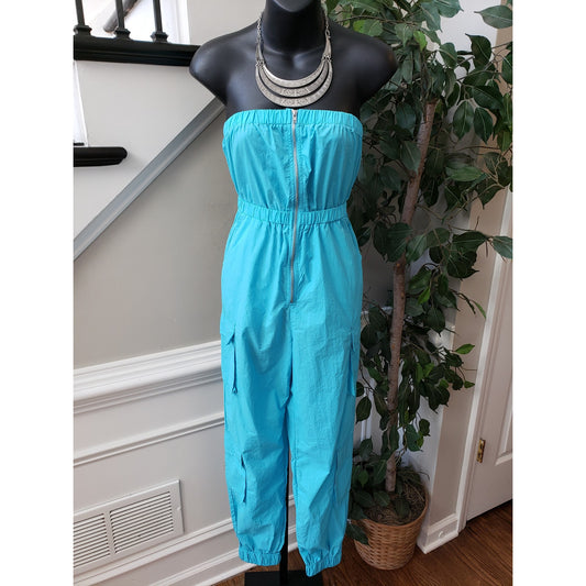 Fashion Nova Jumpsuit Womens S Blue Off Shoulder Pockets Tapered Leg Zip Front
