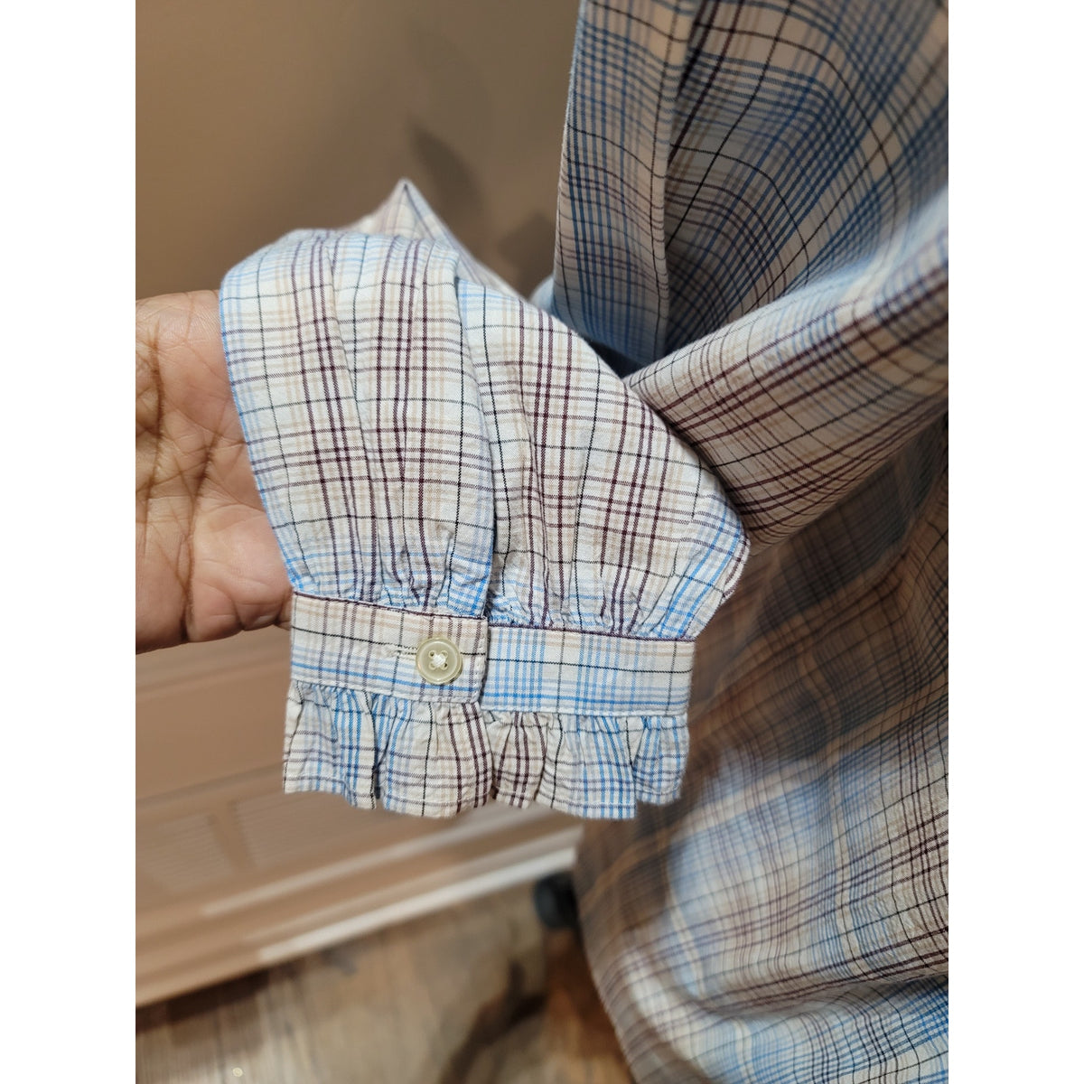 Loft Shirt Women XS Multi Cotton Plaid Ruffle Band Collar Curved Hem Button-Up