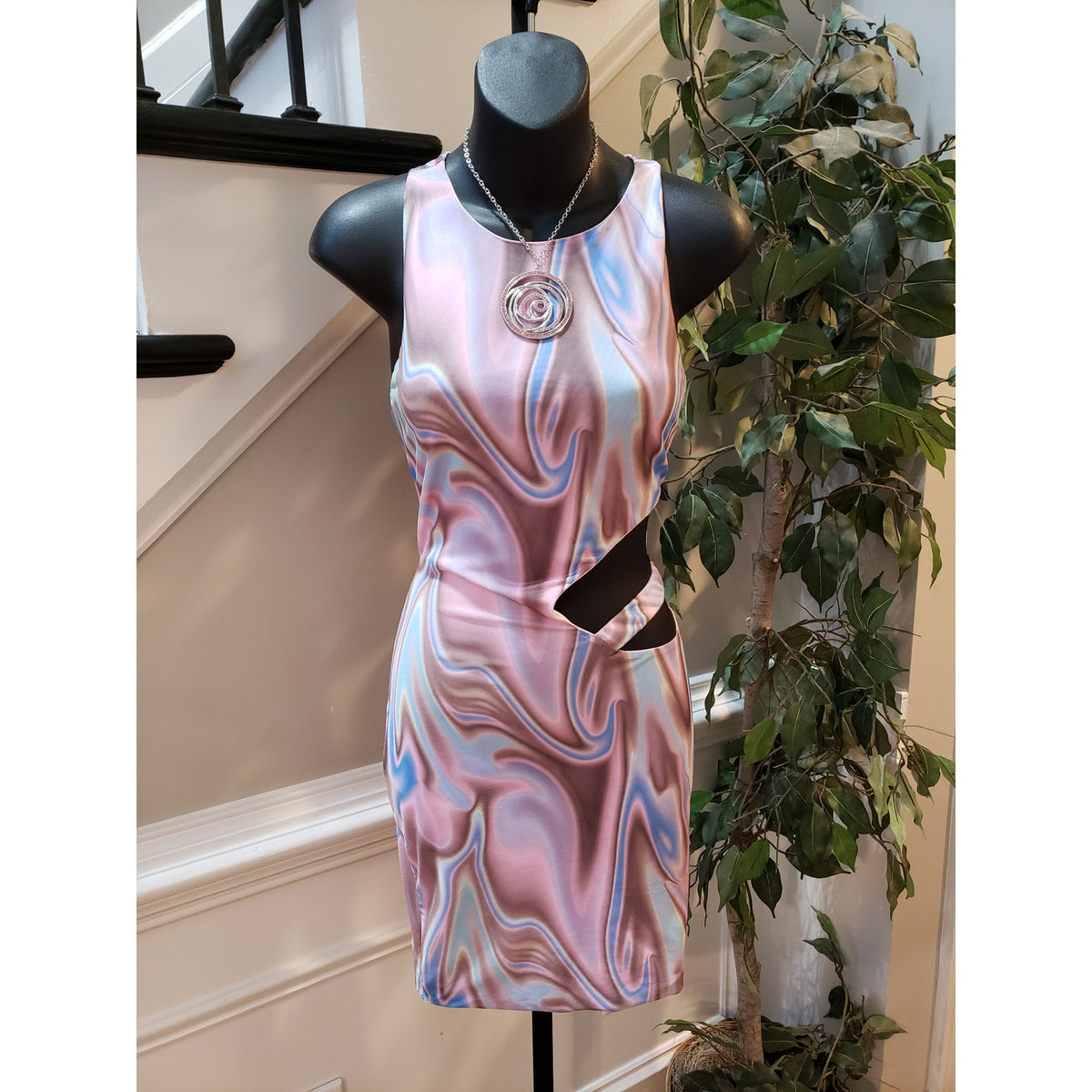 Tic Toc Dress Women Large Pink Multicolor Swirl Cutout Bodycon Sleeveless