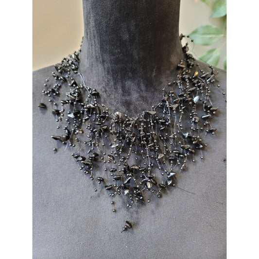 Women's Black Beaded Cluster Necklace With Lobster Claw Clasp Statement Style