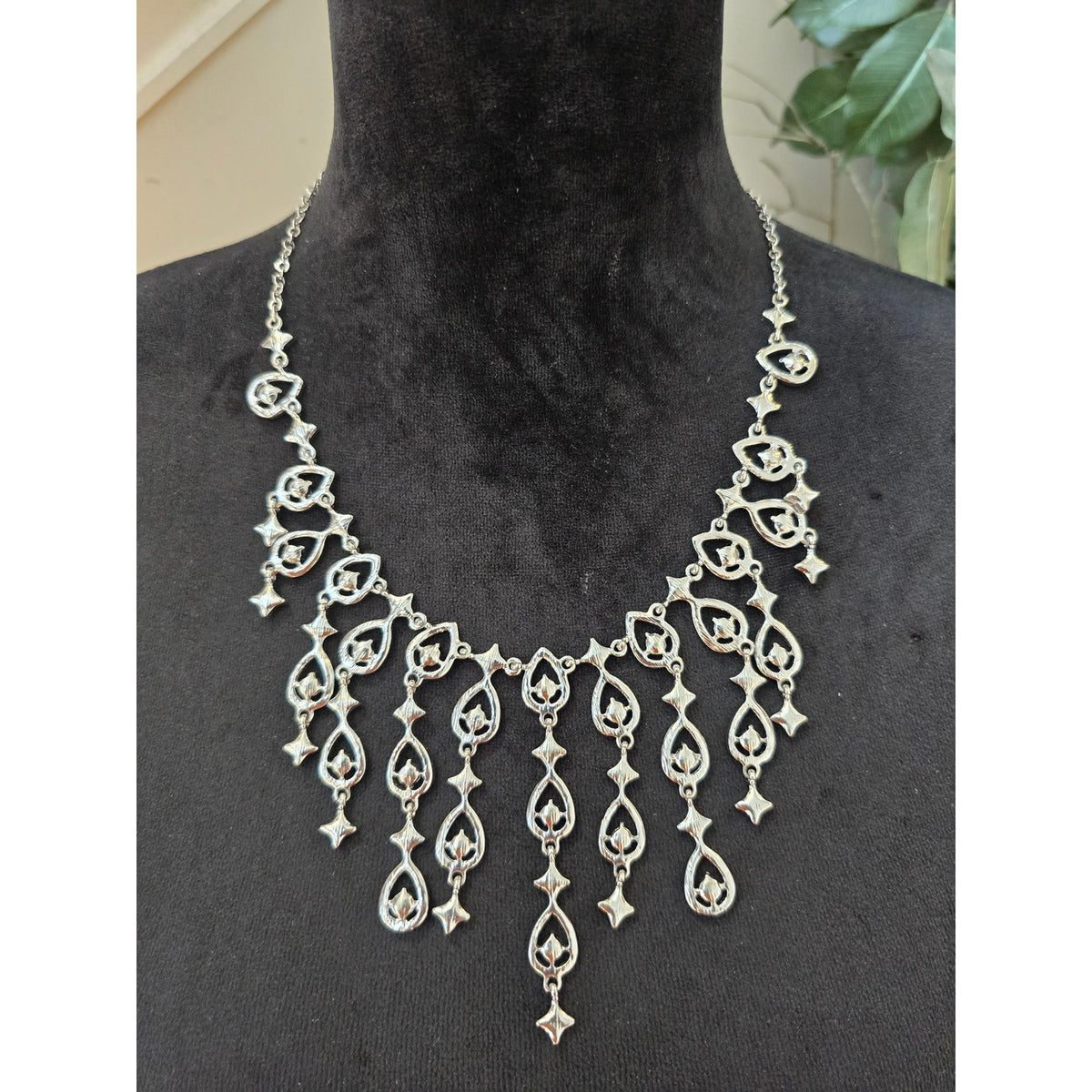 Charming Charlie Silver Tone Rhinestone Chandelier Bib Statement Necklace