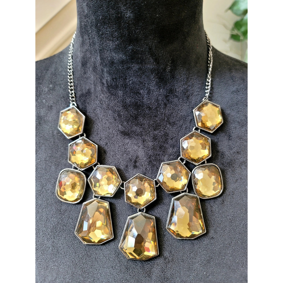 Smoky Topaz Faceted Crystal Bib Necklace Gunmetal Statement Cocktail Jewelry
