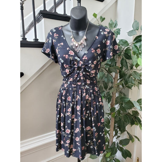 American Eagle Outfitters Women's Black Floral Twist Keyhole Knee Length Dress S