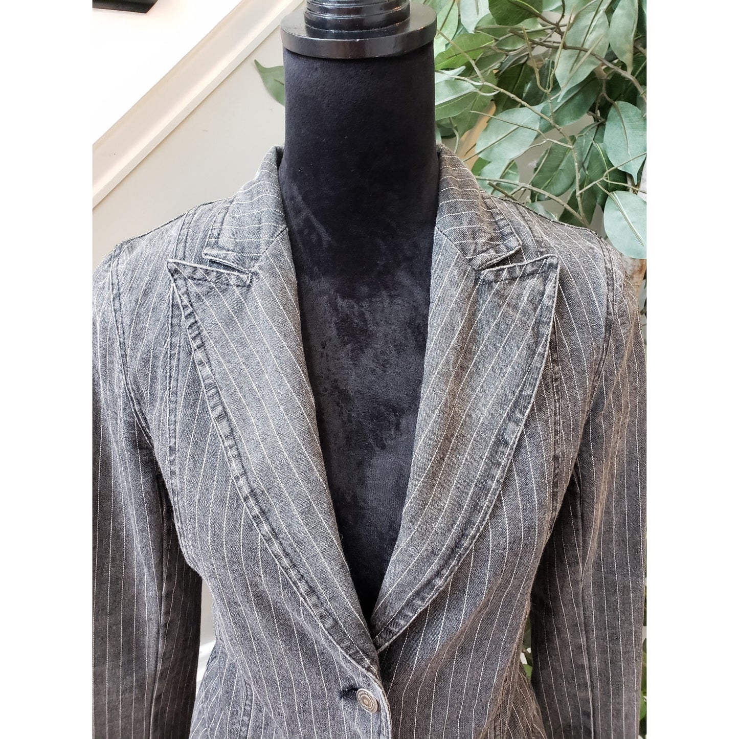 Carlo's Denims Blazer Jacket Women Small Gray Striped Peak Lapel Single Breasted
