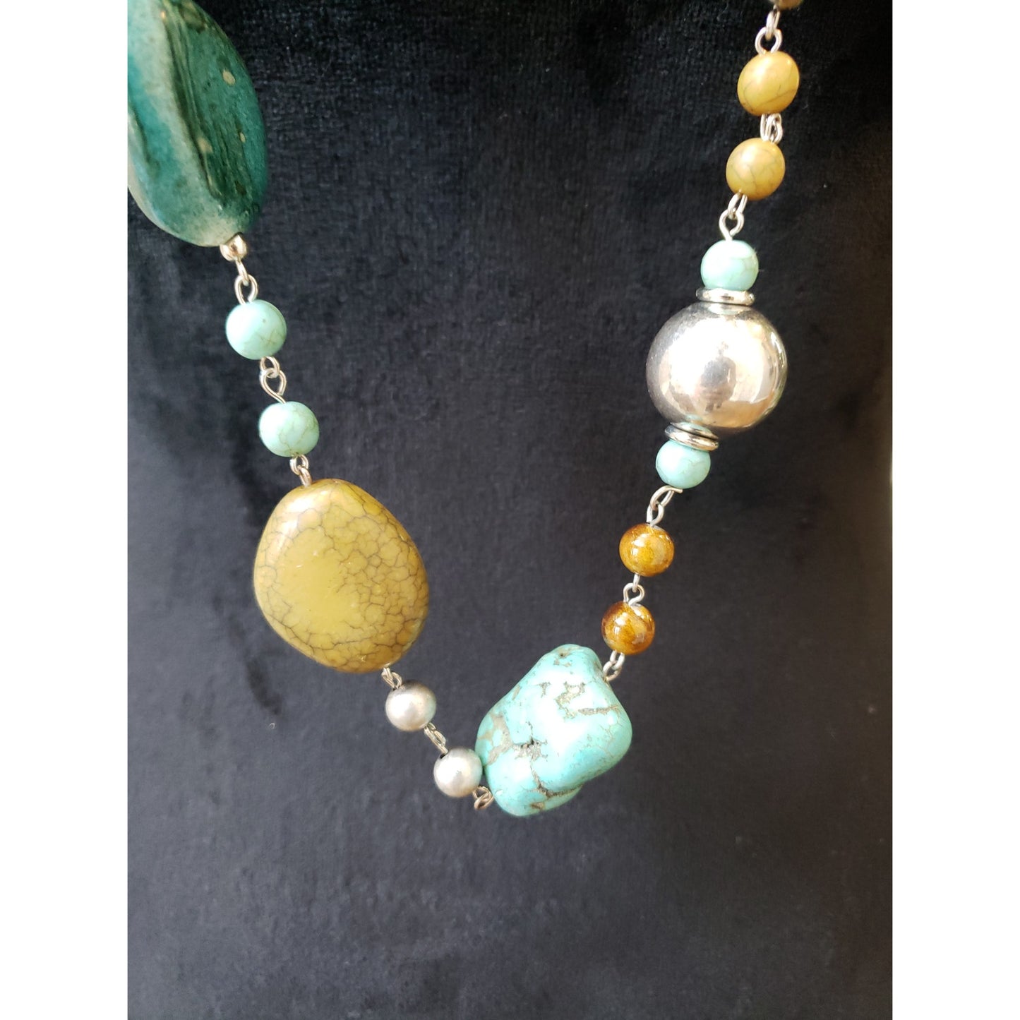 Women's Long Beaded Necklace with Turquoise and Earth-Tone Gemstone Accents