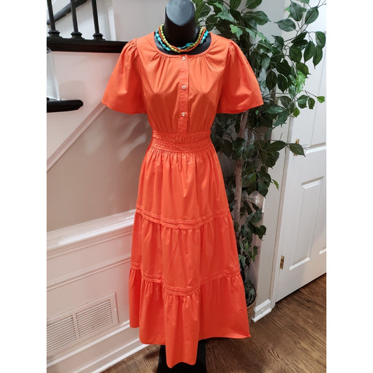 STACCATO Women's Orange Pleated Button Front Short Sleeve Long Maxi Dress Medium