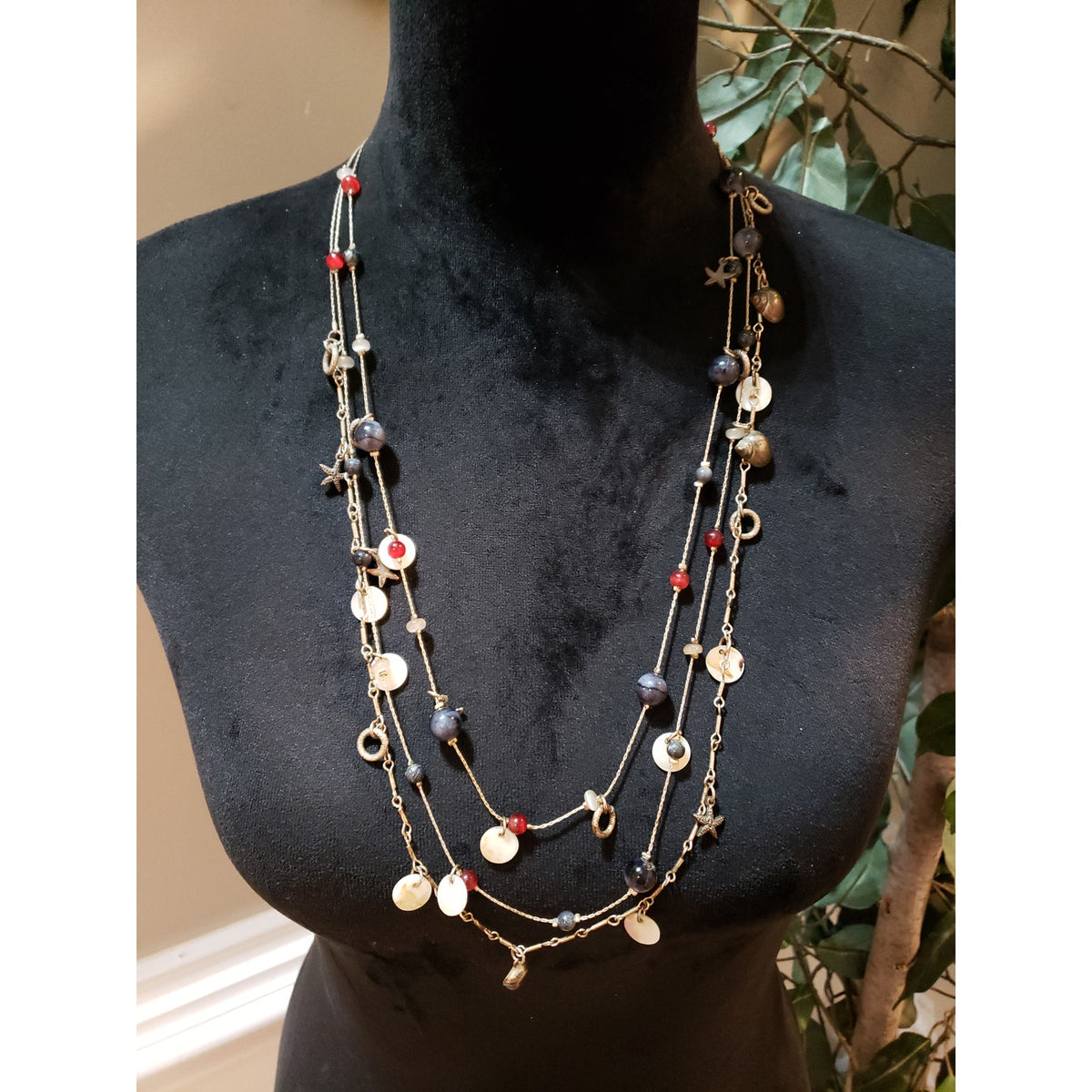 Women Fashion Gold Tone 3 Strand Multi Beads Sea Life Charm Necklace w/ Earrings