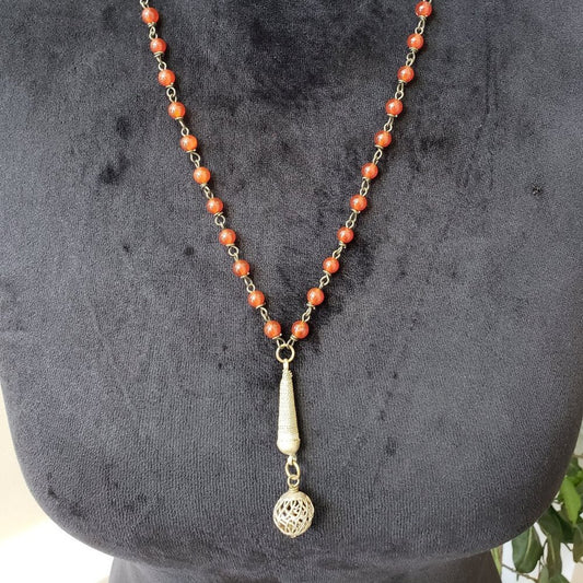 Women Orange Crystal Bead Ball Chain Pendant Necklace Jewelry with Lobster Clasp