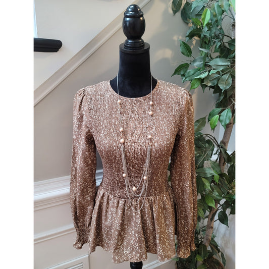 Fashion Peplum Blouse S Brown Floral Polka Dot Shirred Bodice Crew Smocked Party