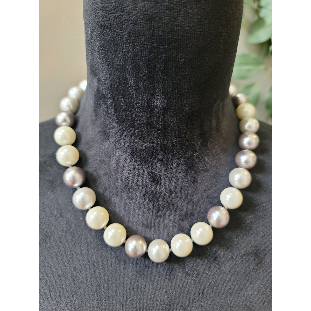Women's Elegant White And Gray Faux Pearl Necklace With Adjustable Hook Clasp