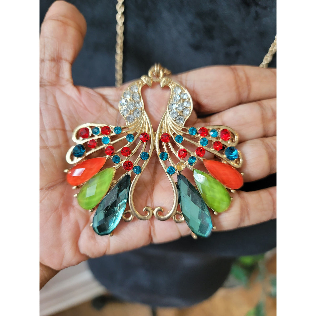 Women's Colorful Peacock Pendant Necklace with Gold Chain and Crystal Accents