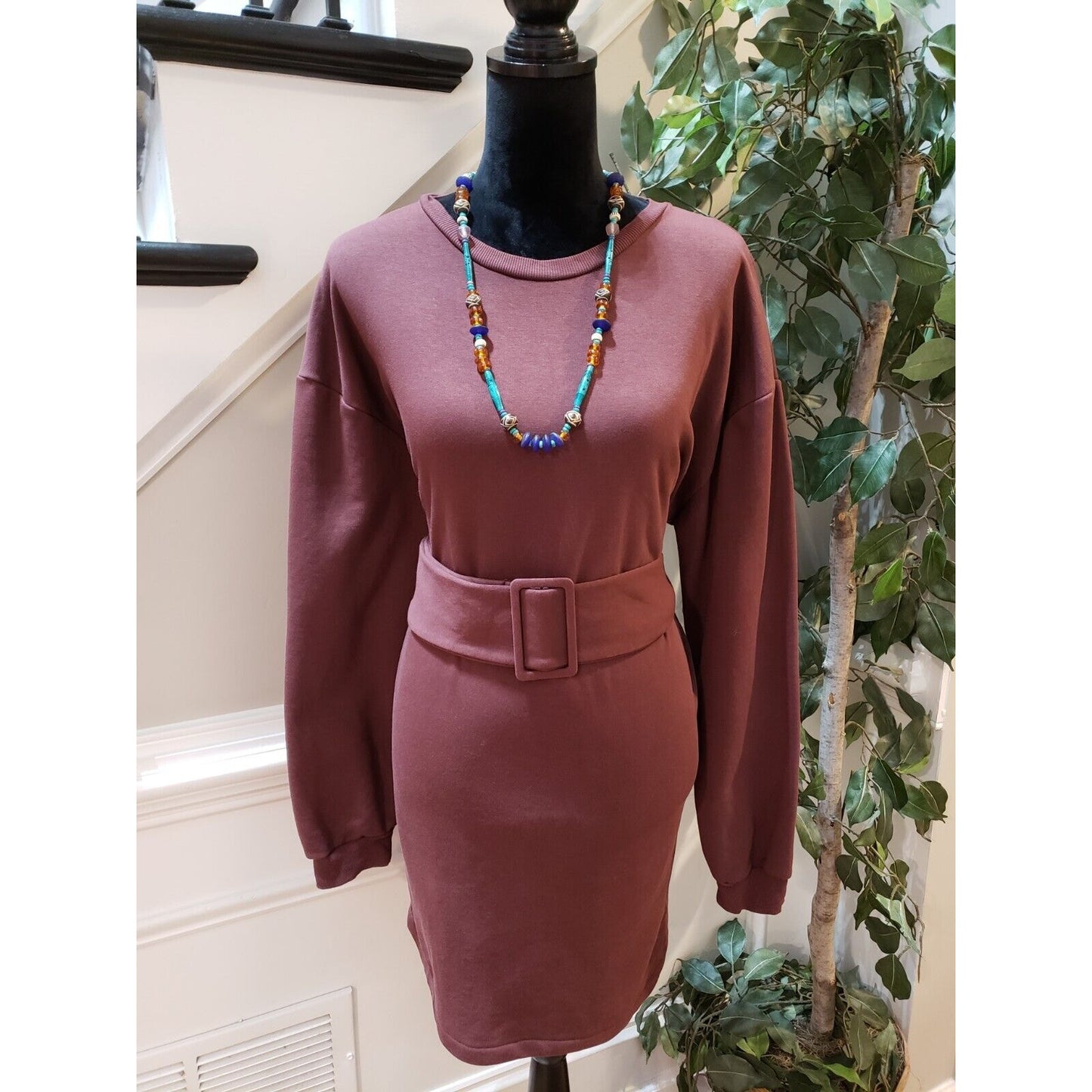 Topshop Womens Brown Cotton Belted Round Neck Long Sleeve Knit Sweater Dress 10