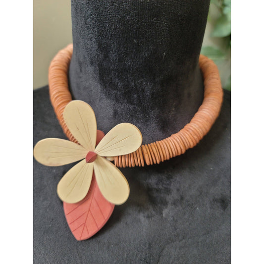 Women's Brown Wood Bead Necklace Floral Pendant Barrel Magnetic Clasp