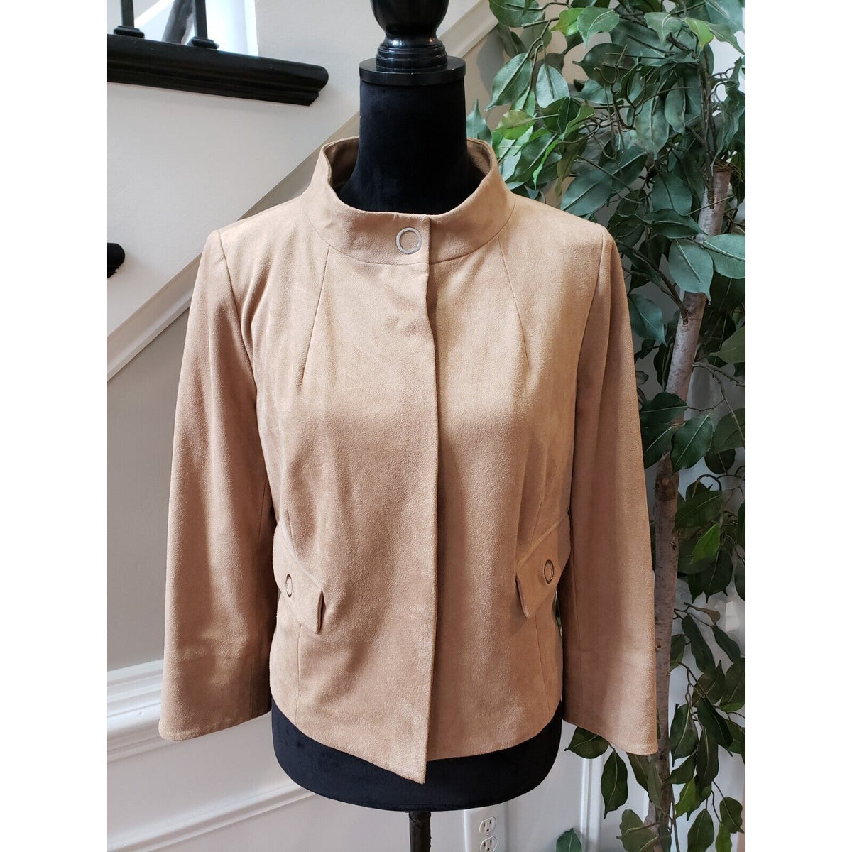 Chico's Black Label Womens Tan Faux Suede Flap Pockets Snap Front Jacket Size M