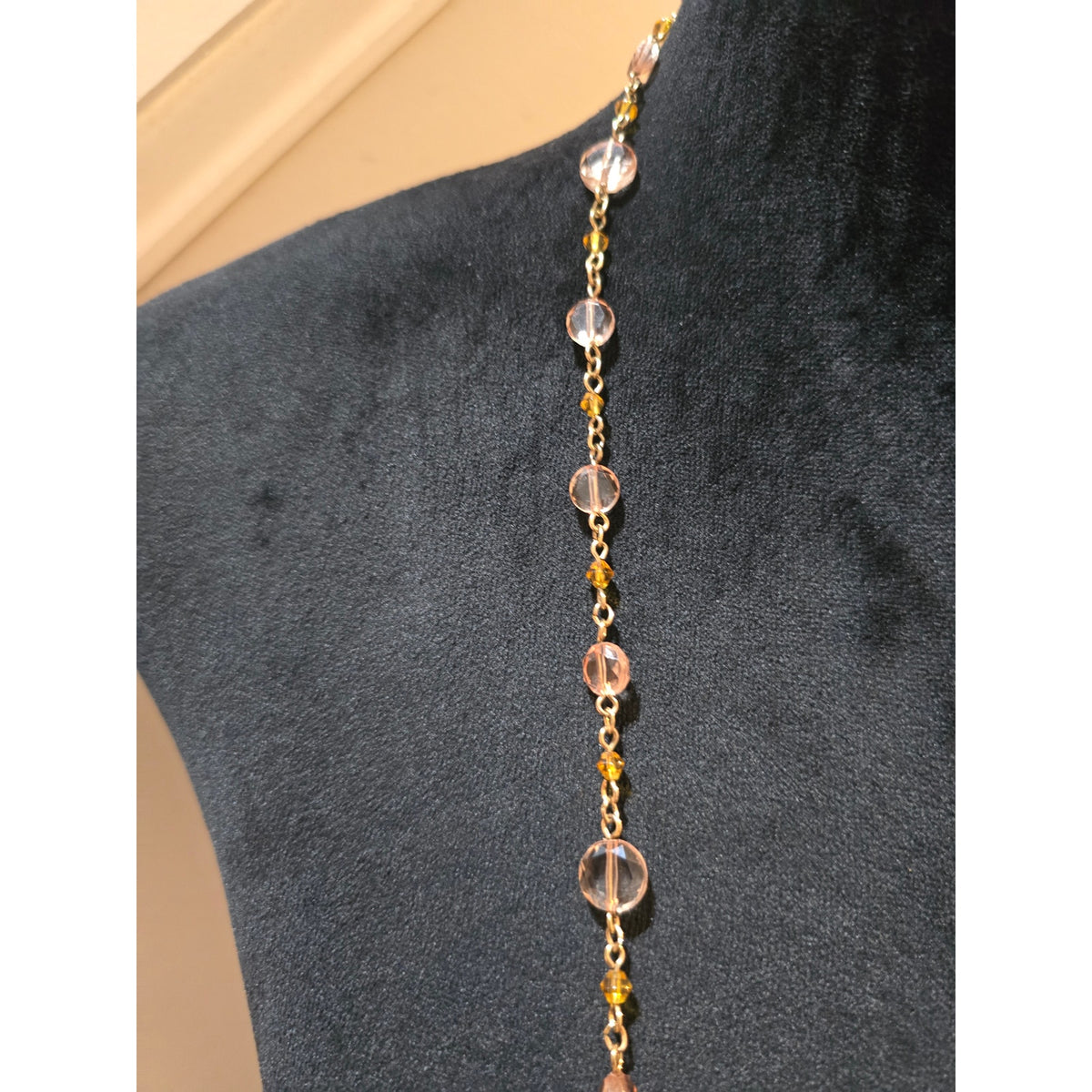 Women's Gold Tone Beaded Necklace Pink Crystal Floral Pendant Tassel Long Chain