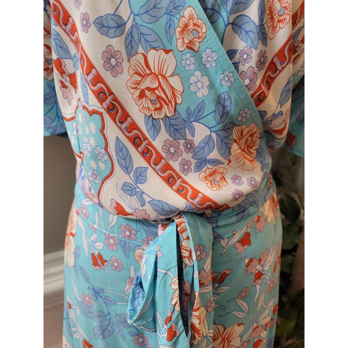Zesica Dress Womens XL Blue Floral Wrap Short Sleeve Boho Midi Summer Rayon
