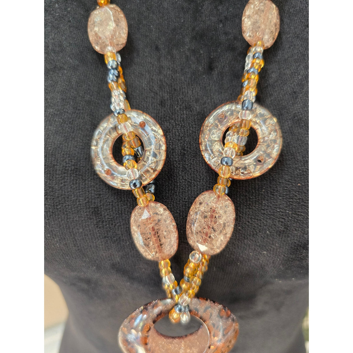 Long Pink Bronze Beaded Pendant Statement Necklace Boho Style