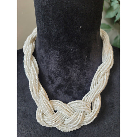 Women's White Seed Bead Multi Strand Braided Necklace Lobster Clasp