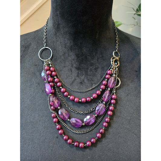Womens Silver Tone Multi-strand Purple Round Faux-pearl Beads Statement Necklace