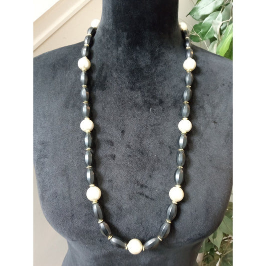 Vintage Black & White Beaded Necklace Long Graduated Statement Strand Necklace