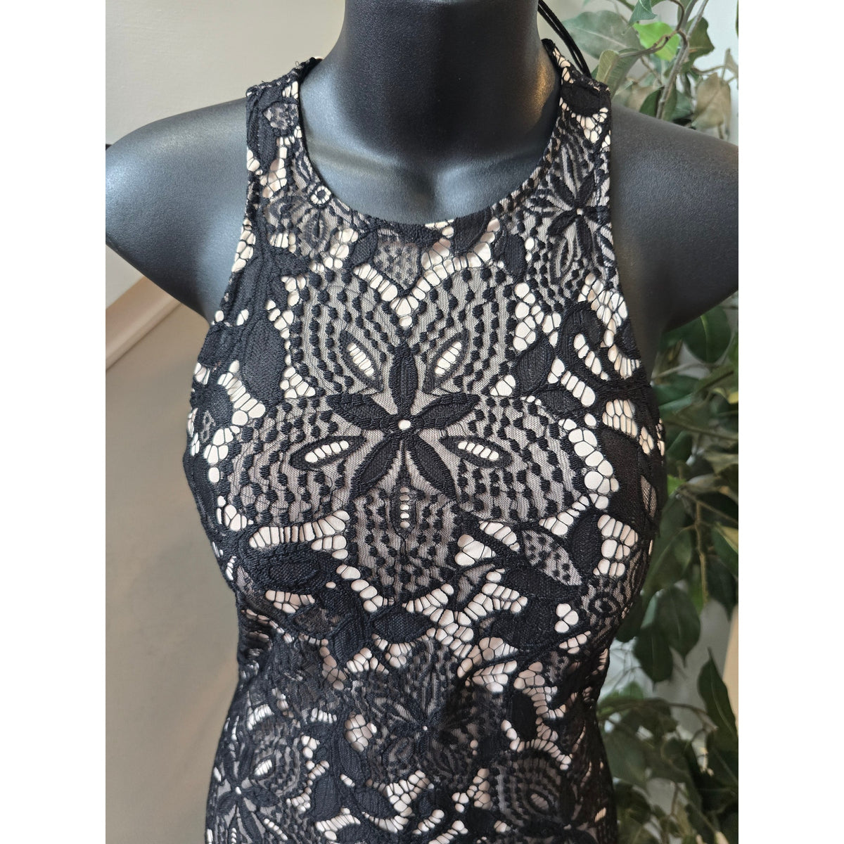 Express Sheath Dress Women's Small Black/Beige Floral Overlay Lace Back Keyhole