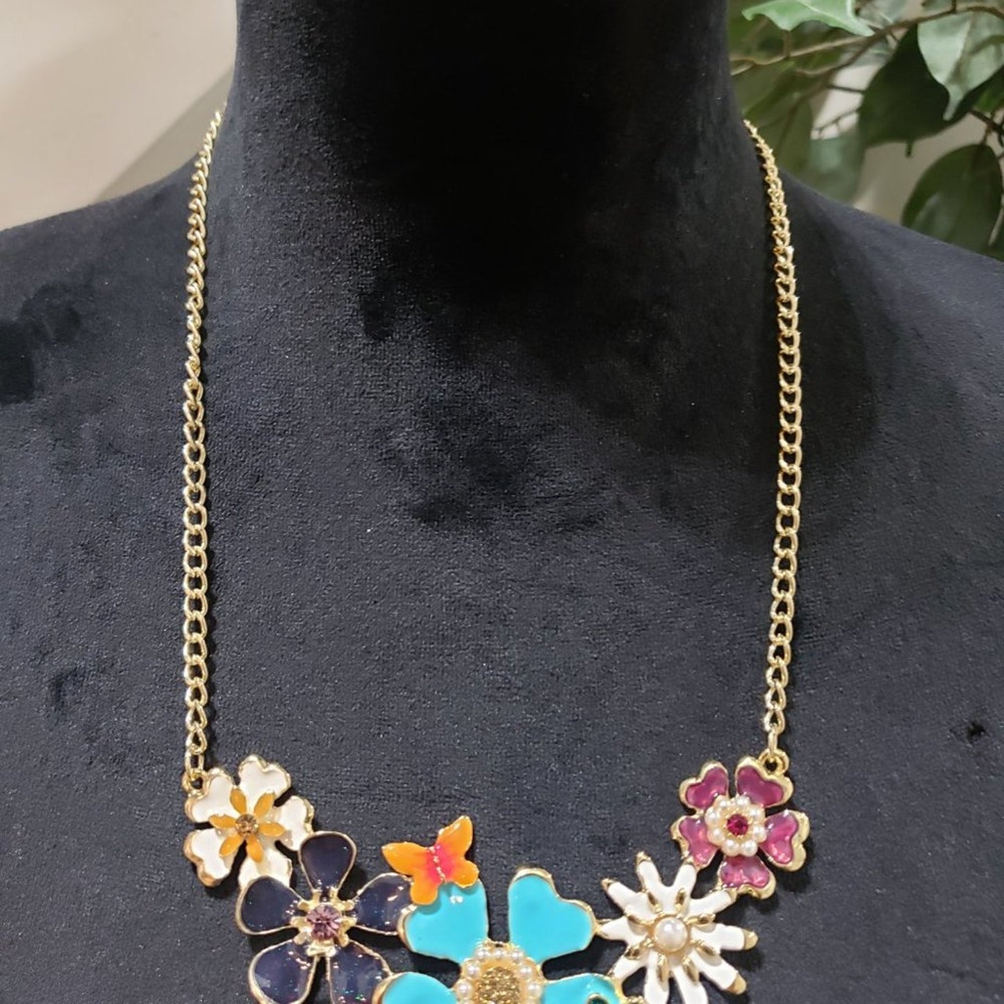 Alilang Golden Tone Enamel Flower and Butterfly Bib Statement Necklace Rhineston