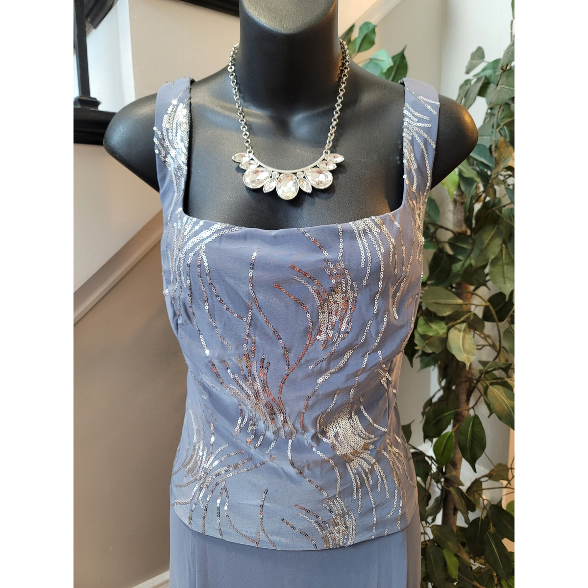Alex Evenings Skirt Suit Women's SZ 18 Slate Blue Sequin Square Neck Back Zipper