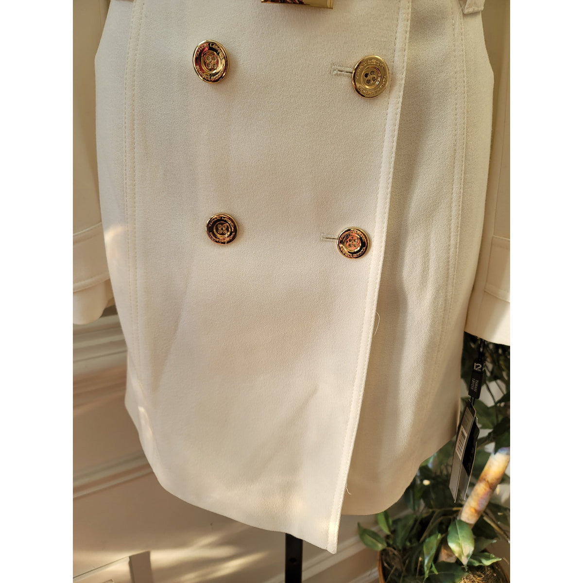 Tahari Trench Coat Womens SZ 12 White Double Breasted Buttons Belted Long Sleeve