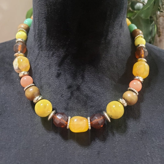 Women Multicolor Graduated Chunky Marble Pattern Beads Necklace Lobster Clasp