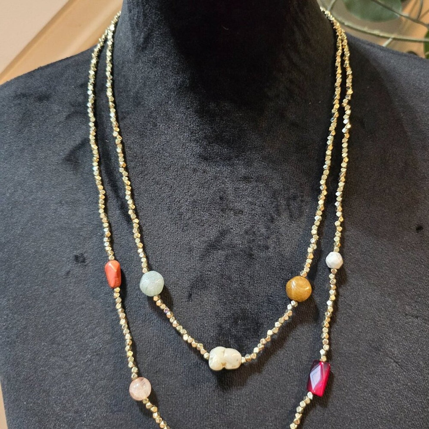 Womens Fashion Semi-Precious Stones Gold Accents Bead Two Strand Collar Necklace