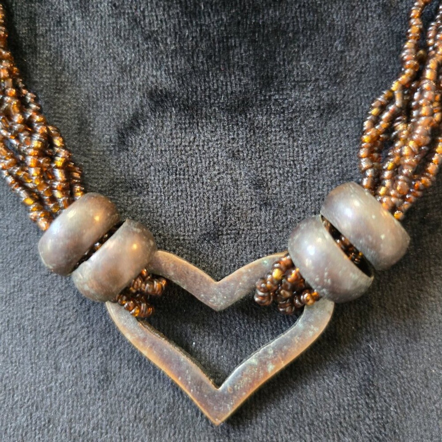 Women Brown Multiple Layered Seed Bead Heart Pendant Necklace with Lobster Clasp