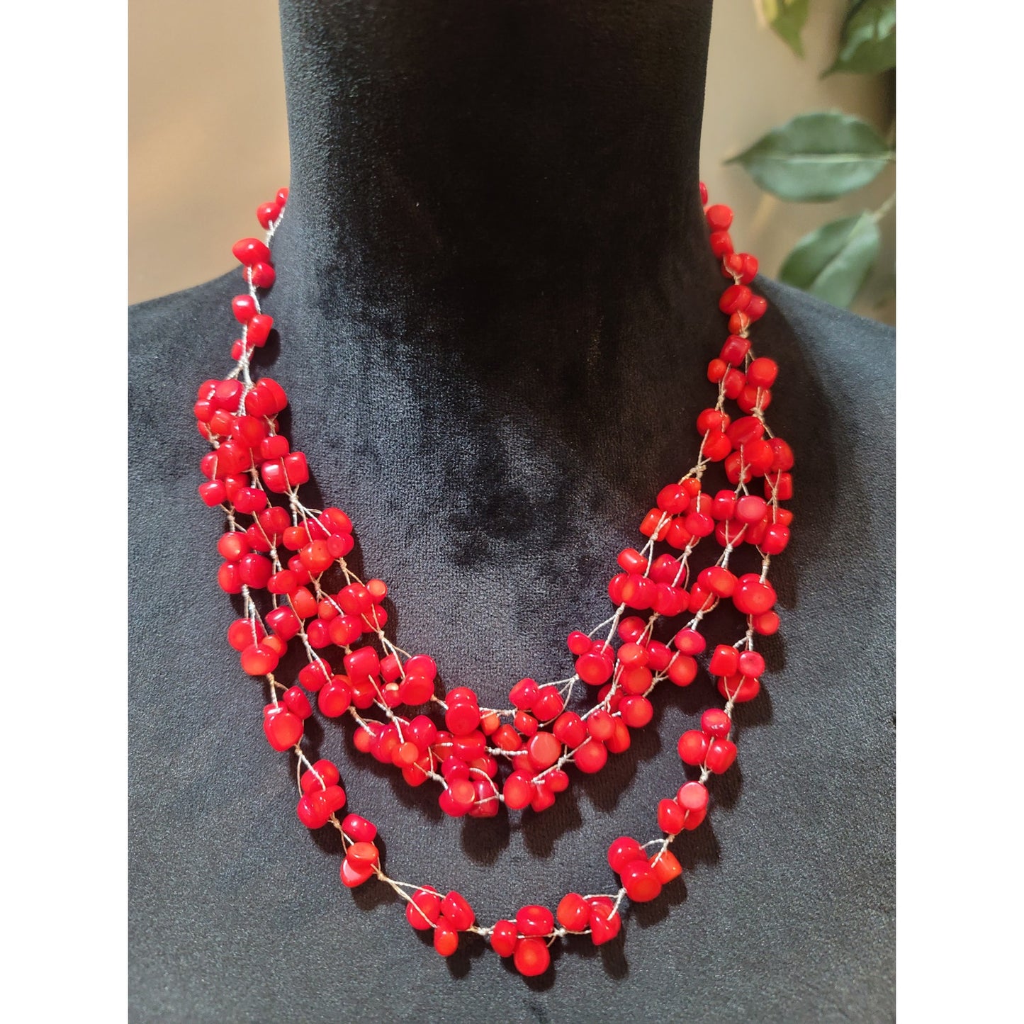 Women's Red Beaded Multi Strand Necklace With Lobster Clasp Handmade Jewelry