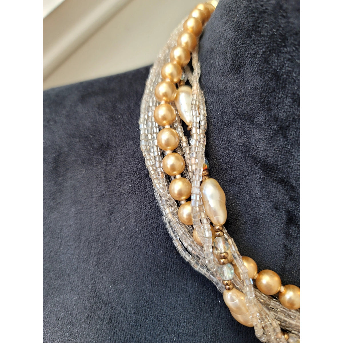 Gold Tone Multi-Strand Faux Pearl Crystal Layered Choker Statement Necklace