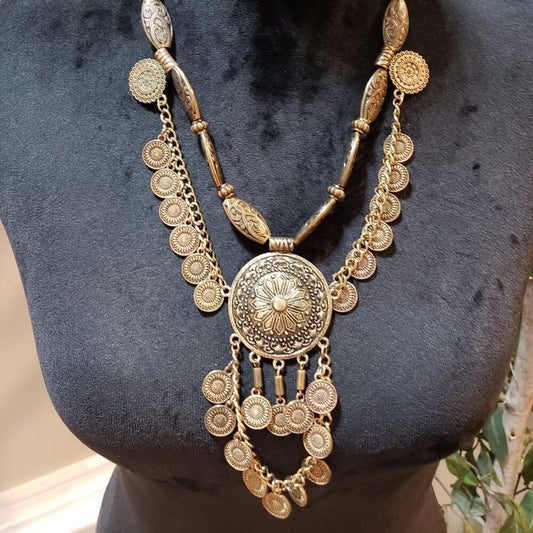 Womens Fashion Gold Tone Faux Coin Charm Pendant Necklace with Lobster Clasp