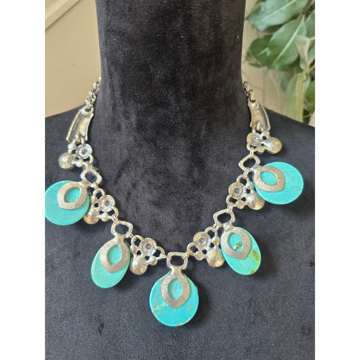 Turquoise Blue Medallion Charm Statement Necklace Silver Tone Boho