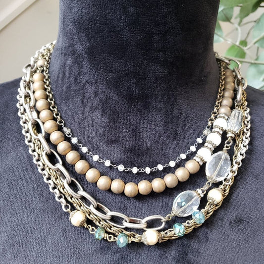 Womens Multicolor 5 Strand Chains & Beads Necklace Jewelry with Lobster Clasp