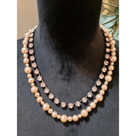 Womens 2 Strand Faux Pearl Rhinestone Trim Bling Chain Necklace w/ Spring Clasp