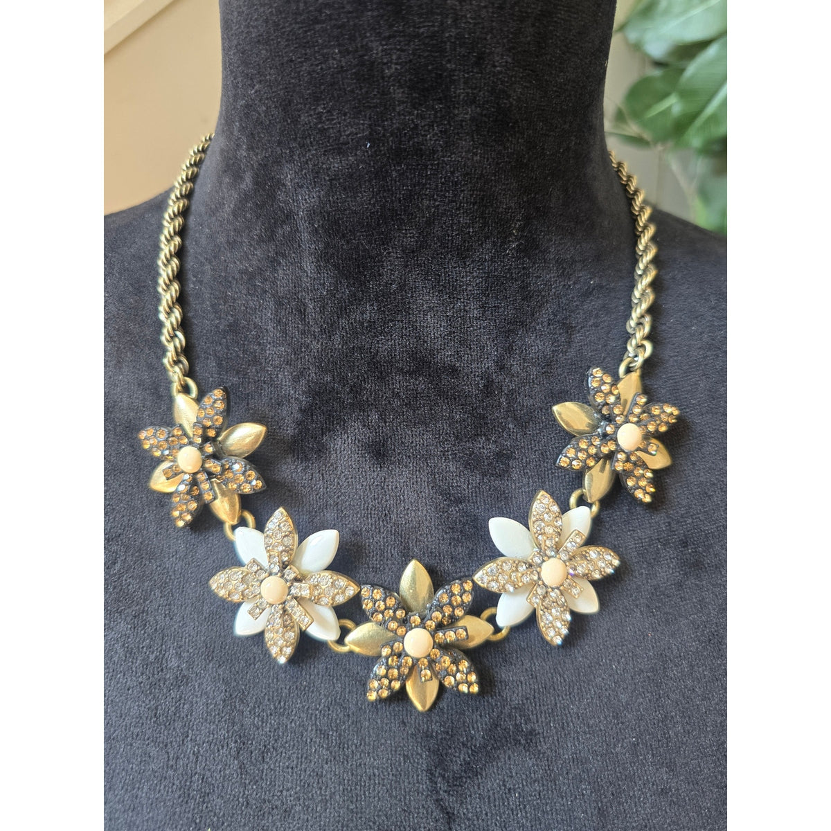 Gold Tone Ivory Floral Rhinestone Statement Necklace
