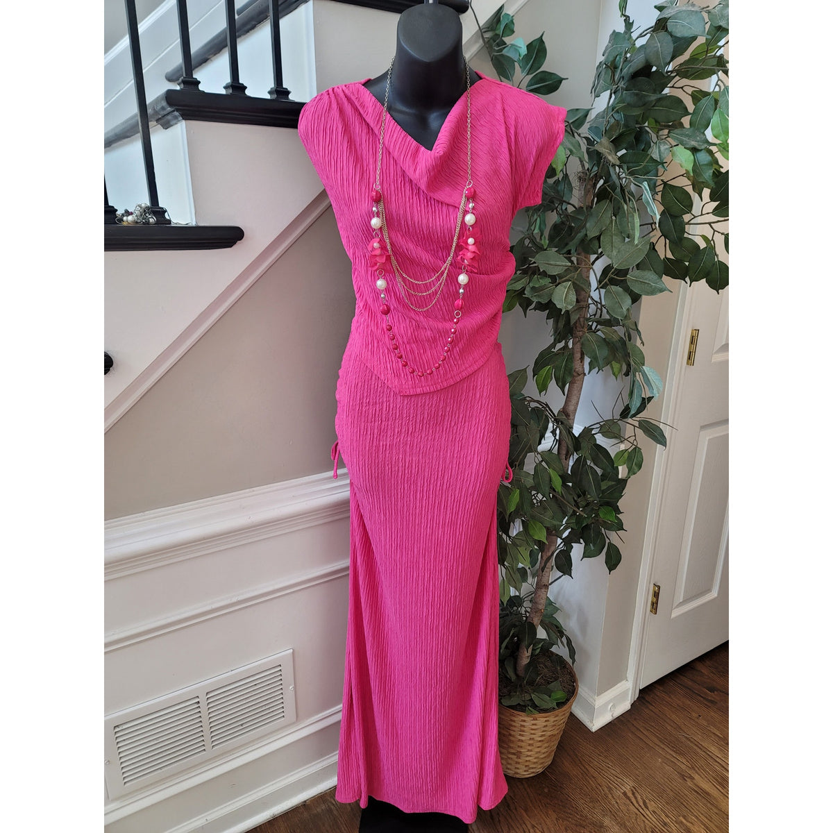 Two-Piece Dress Women's SZ XL Pink Ruched Cowl Neck Cap Sleeve Drawstring Tie