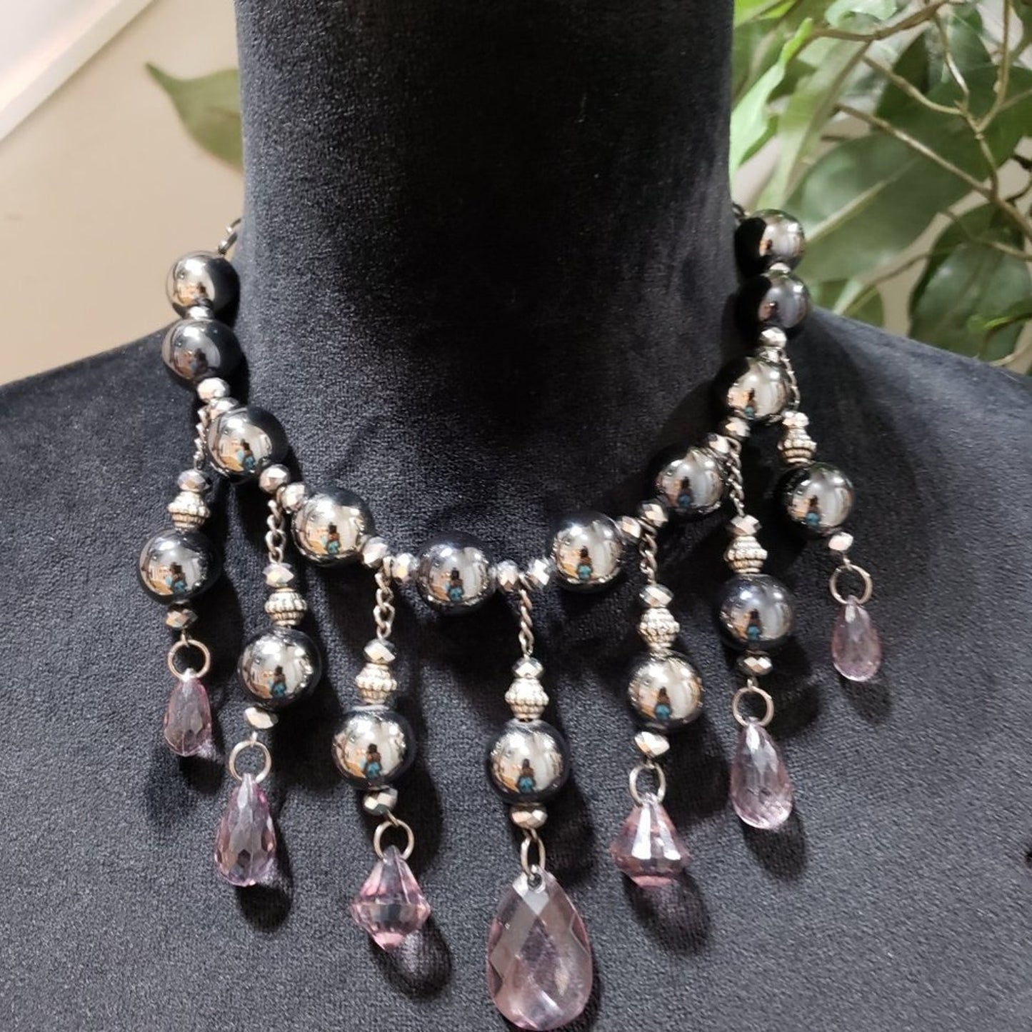 Womens Fashion Purple Czech Glass & Silver Beads Collar Necklace w/Lobster Clasp