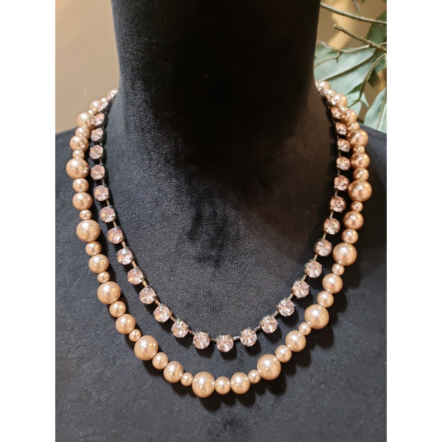 Womens 2 Strand Faux Pearl Rhinestone Trim Bling Chain Necklace w/ Spring Clasp