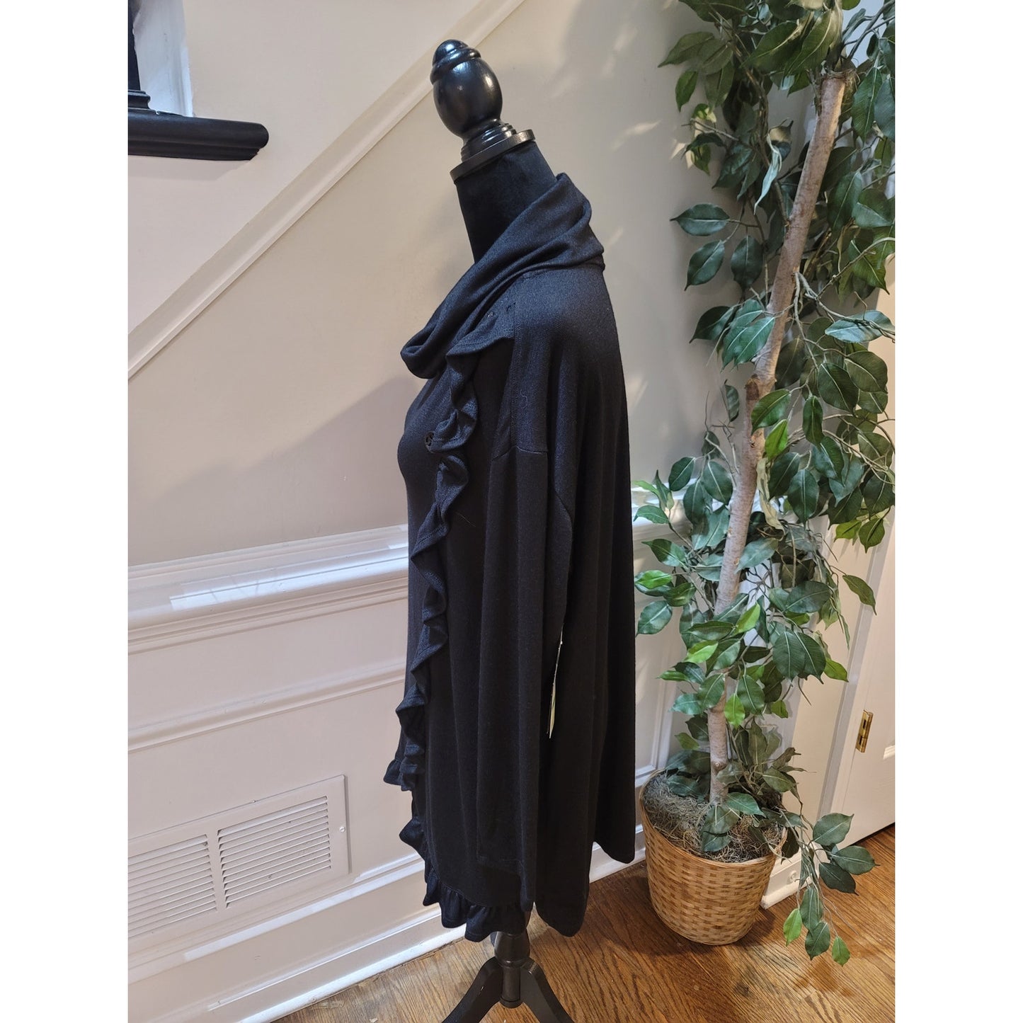 Multiples Sweater Women's Large Black Cowl Neck Long Sleeve Ruffle Hem Stretch