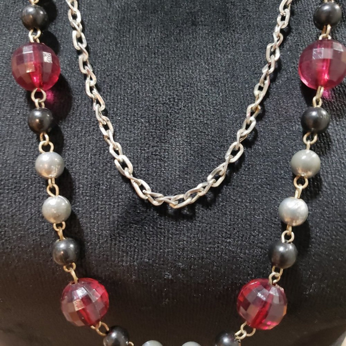 Womens Fashion Red Transparent Silver Bead Layered Garnet Chain Necklace Jewelry