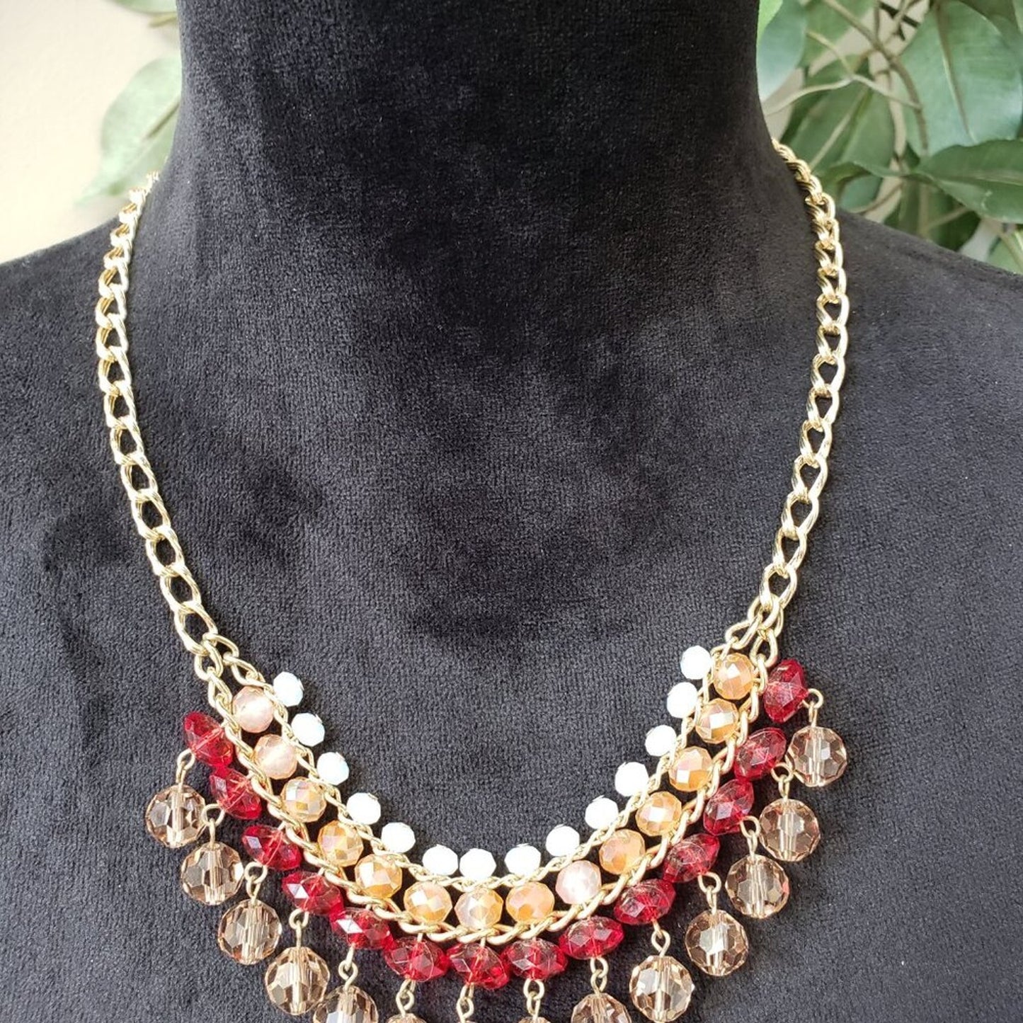 Women Multicolor Crystal Beaded Gold Tone Chain Necklace with Lobster Clasp