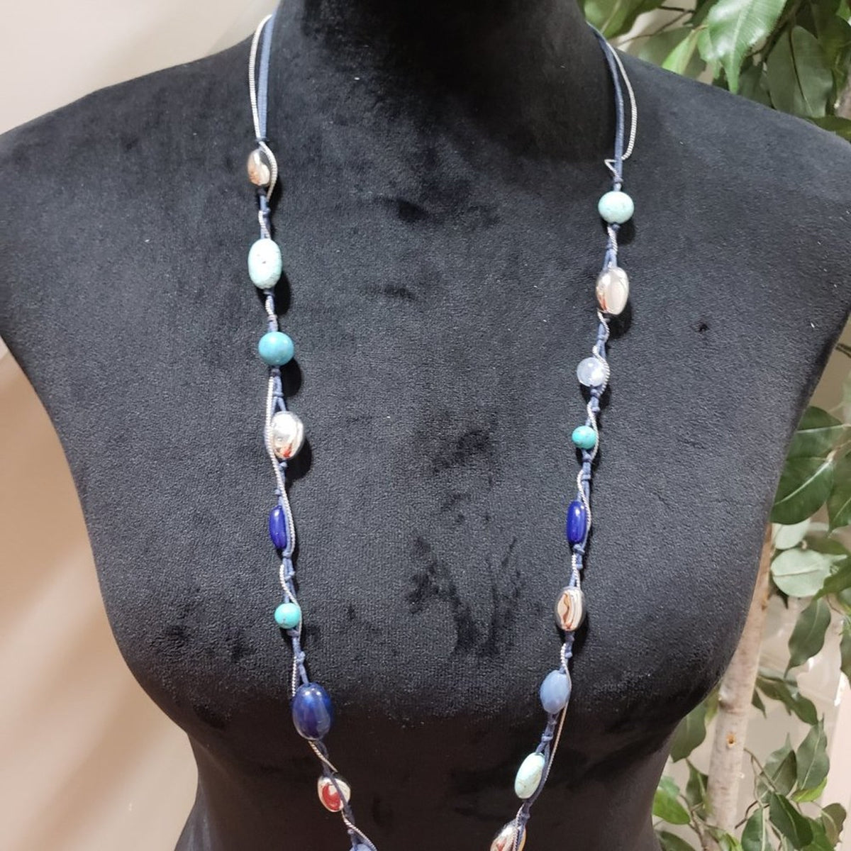 Lia Sophia Silver Tone Blue Bead Stone Bohemian Long Necklace with Lobster Clasp