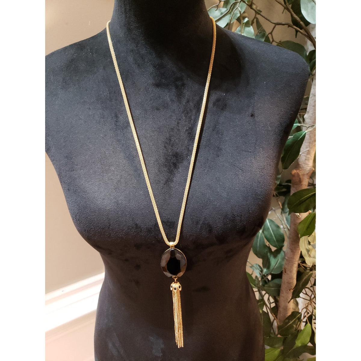 Womens Gold Tone Black Enamel Oval Slider Chain Necklace with Lobster Clasp