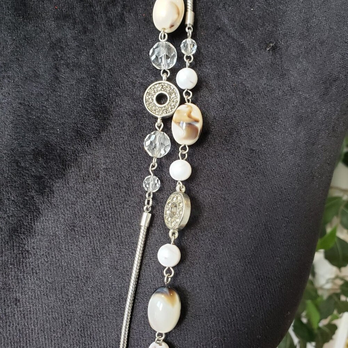 Loft Womens Silver Tone Pearl & Crystel Bead 2 Strand Long Chain Collar Necklace