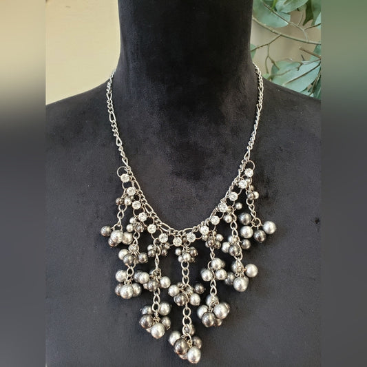 Womens Silver/Clear Gray Round Beads, Layered Cluster Necklace w/ Lobster Clasp