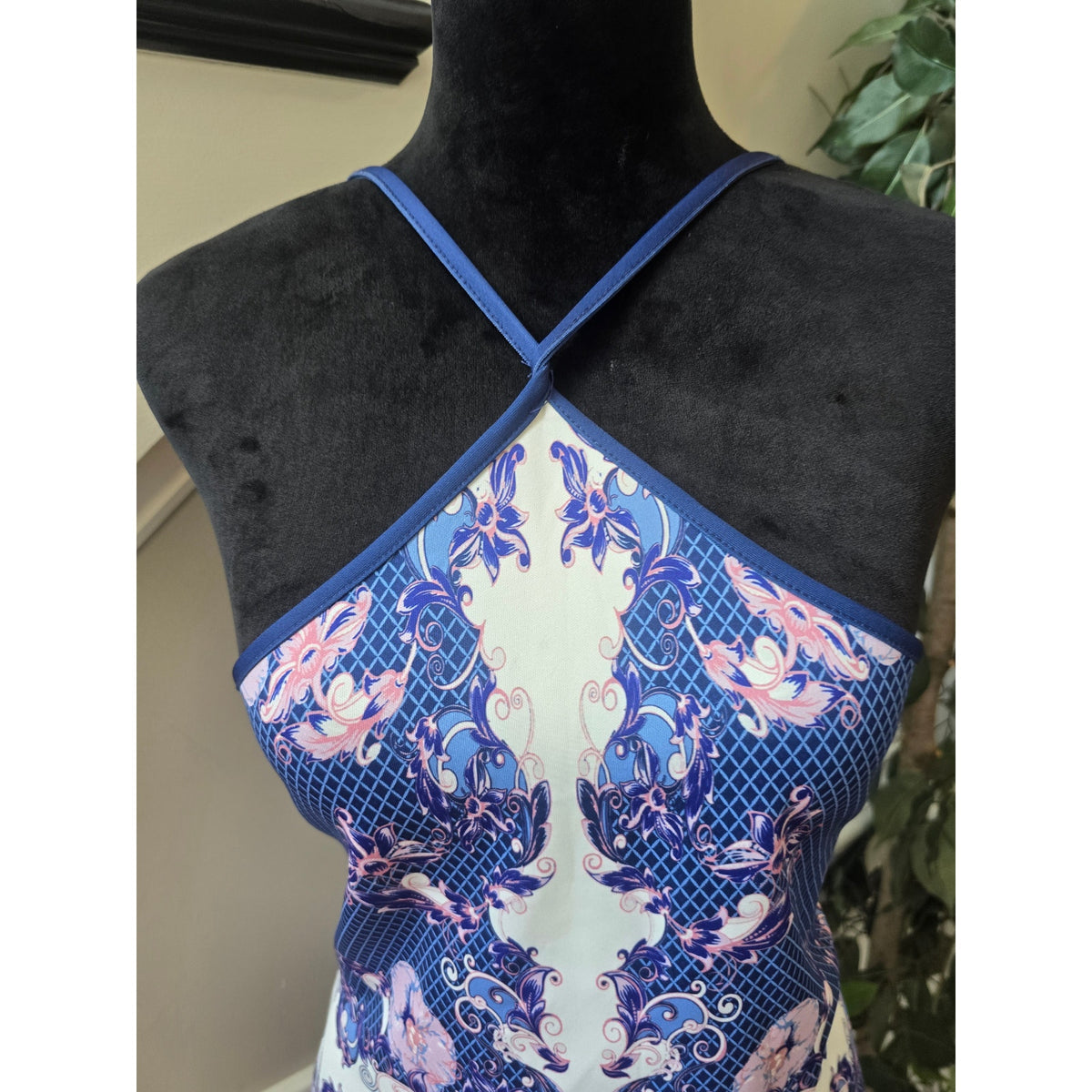 Venus Sheath Dress Women's Large Blue/Pink Floral Cross-Front Spaghetti Straps