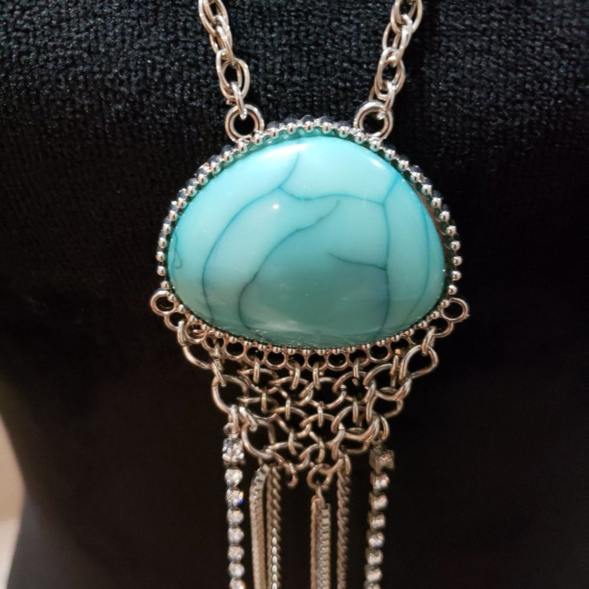 Silver Tone Blue Turquoise Acrylic Fringe Tassel Fashion Jewellery Necklace